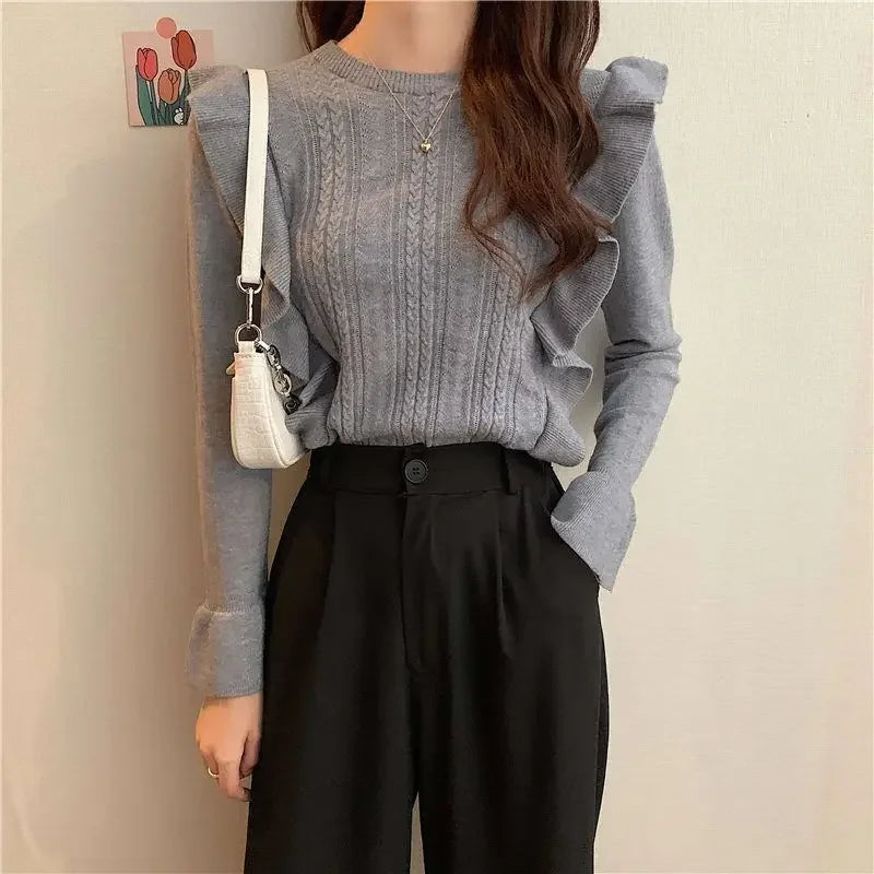 Ladies Sweaters Pullovers Round O Neck Grey Knitted Top for Women Jersey Winter 2025 Jumper Economics Long Sleeve Thermal Blouse