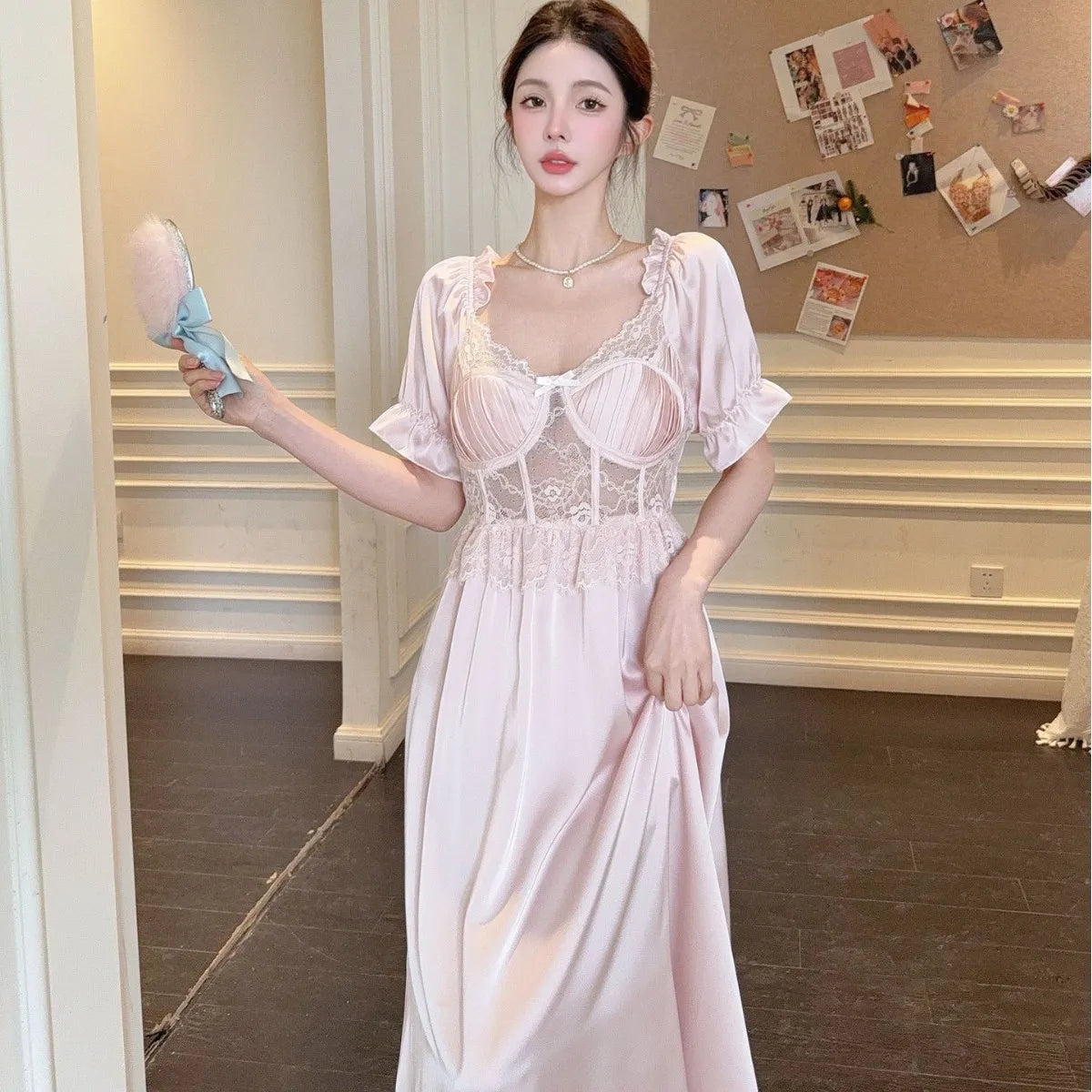 Women Long Nightgown Sleepwear Elegant Retro Court Style Nightdress Home Dressing Gown Spring Summer Rayon Sexy Lace Loungewear