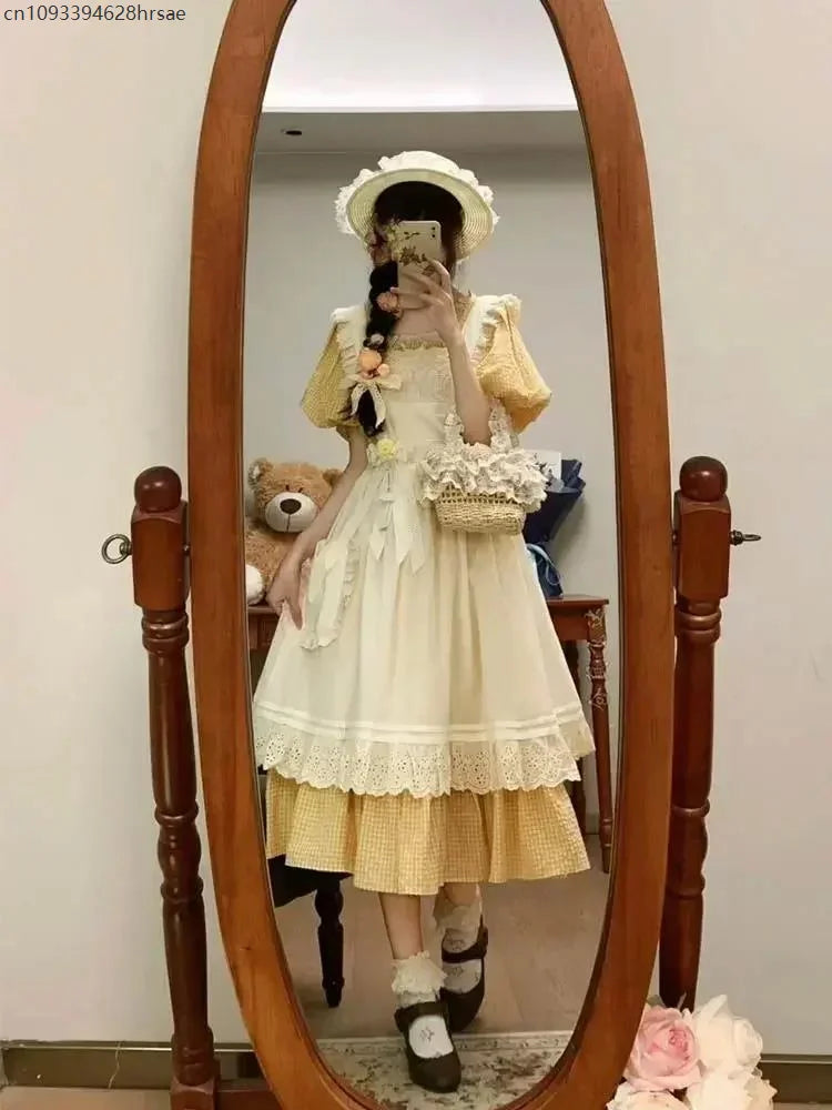2025Spring NEW Two-piece Dress Suit French Sweet Pastoral Style Slim Square Collar Yellow Plaid Dress Women + Ruffles OuterDress