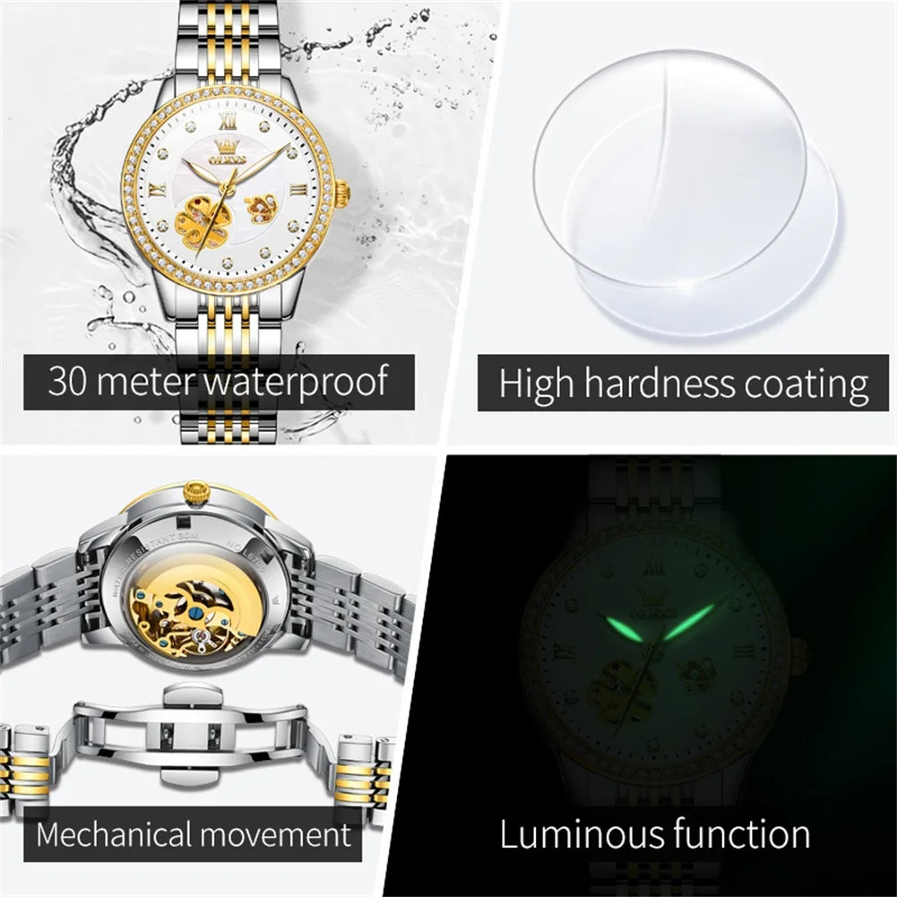 OLEVS 6706 Woman Watch Hollowed Flower Automatic Mechanical Wristwatch for Women Elegant Luxury Brand Ladies Waterproof Watches