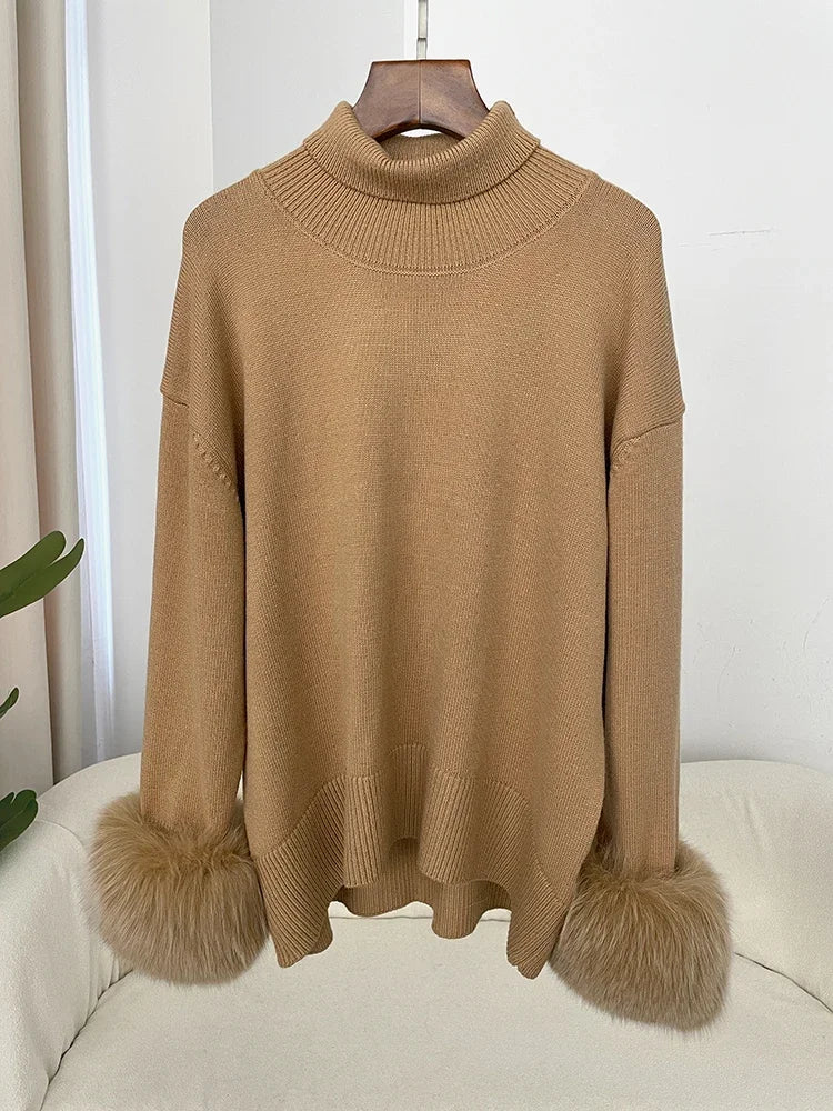 Sweater Women 2024 Autumn Winter Fashionable Sweaters with Real Fox Fur Sleeves Slim Fit Sweaters Fur Knitwear England Style