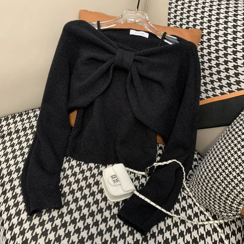 Sweater Suit for Women Two-piece 2025 Autumn New Suspender Vest Bow Long Sleeve Short Top