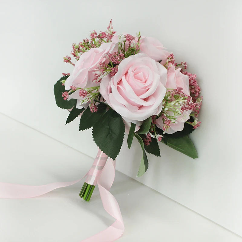 Bridal Bridesmaids Bouquets with Bowknot Ivory Roses Silk Flowers Bouquet for Valentine's Day Marriage Wedding Bride Photography