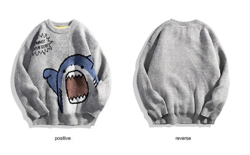 Shark Sweater Men Winter Cartoon Harajuku Korean Y2k Oversized Turtleneck Hip Hop Loose Knit Jumper Pullover High Collar Sweater