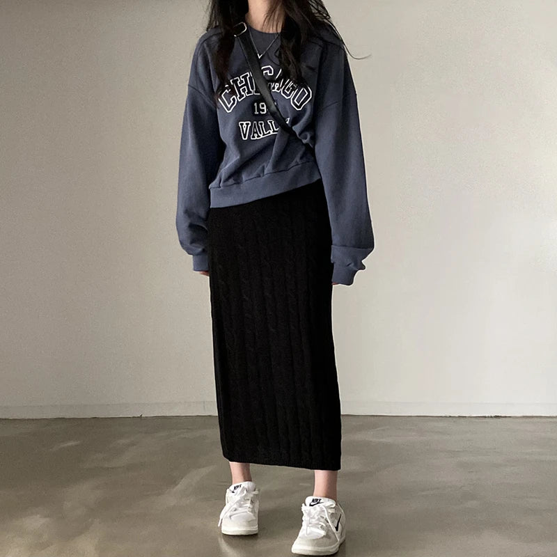 Solid Knitted Skirts For Women 2023 Fashion Autumn Winter Slim Long Skirt Vintage Casual Elastic High Waisted Straight Skirt New