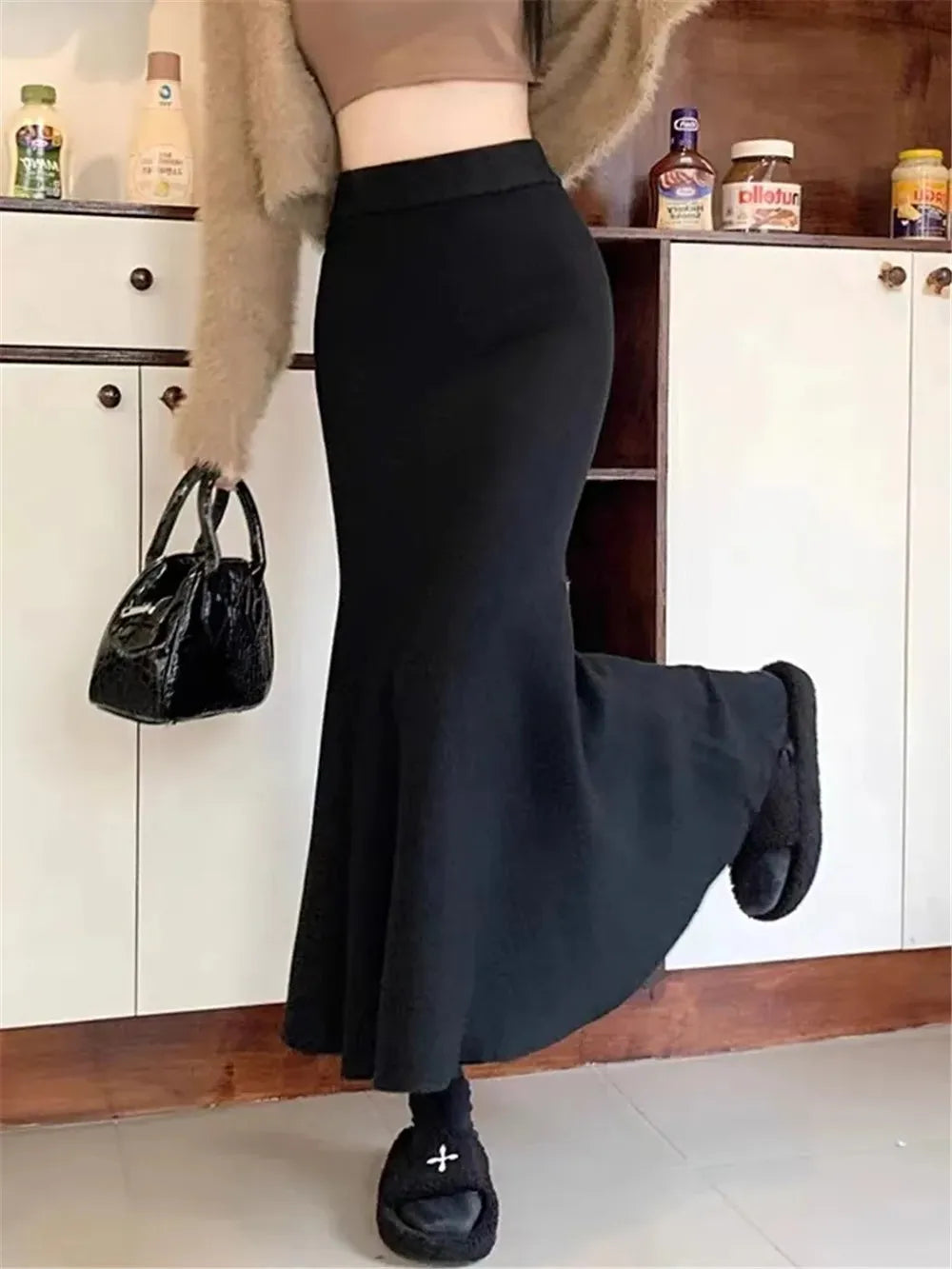 Knitting Skirts For Women Fashion High Waist Slim Trumpet Mermaid Skirts Office Ladies Casual Elegant Ankle Length Long Skirt