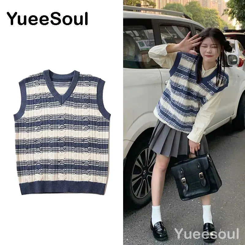 Sweet Kawaii Sweater Vest Printed Sleeveless Casual Outerwear Knitted Waistcoat 2023 Vintage Y2K Spring  E Girl Pullovers Tops