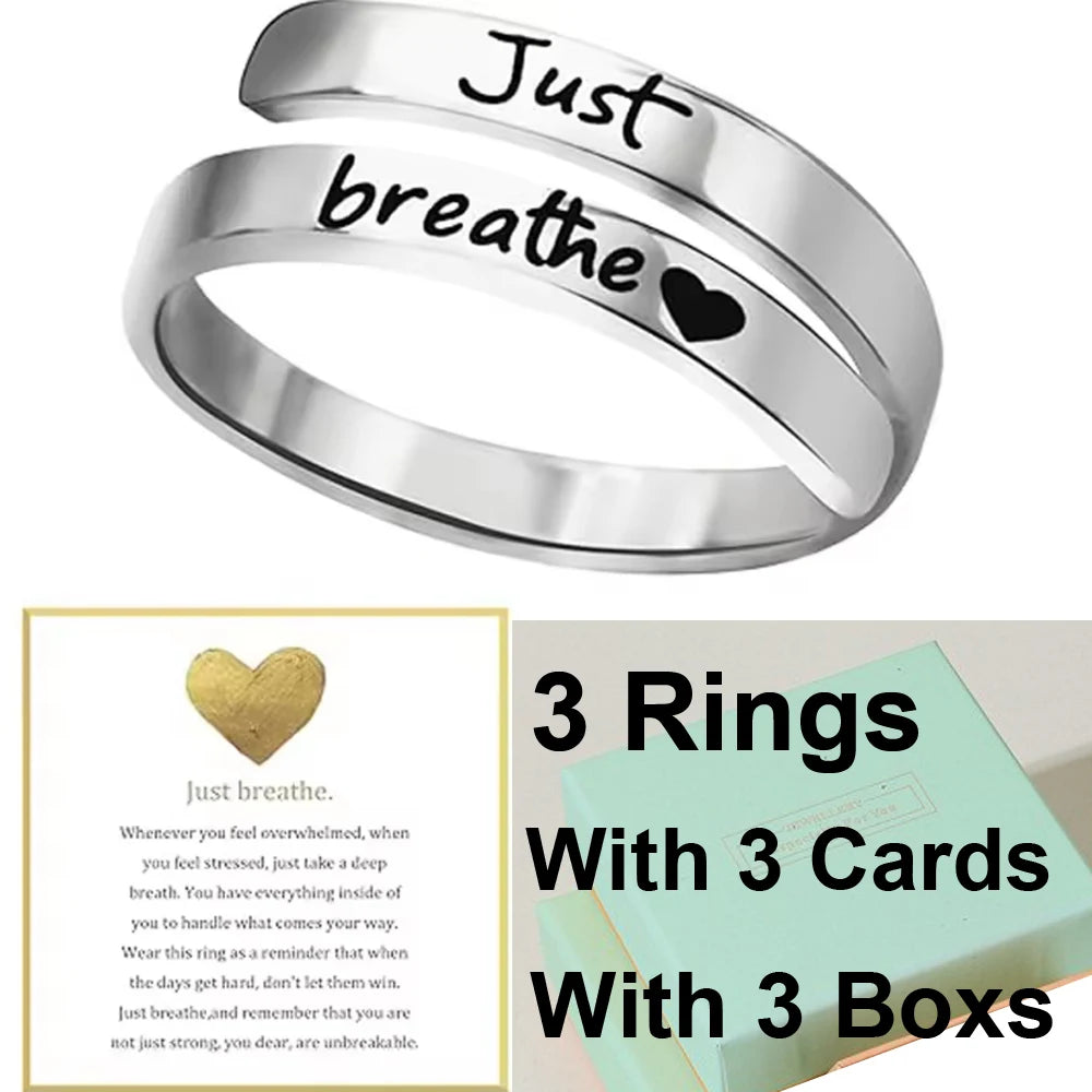 Stainless Steel Ring Just Breathe Ring for Women Men, Spiral Wrap Healing Rings, Inspirational Gifts with Message Card Box