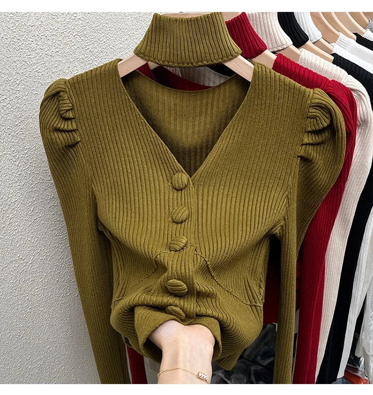 Red Sweater Knitted Sweater Women's Inner Layering Shirt with Unique Unique V-neck Halter Top Design for Autumn and Winter