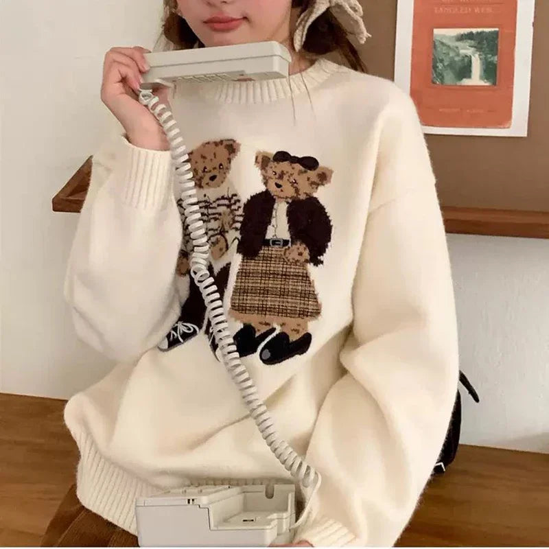 Sweater cartoon small bag core yarn needle retro women's  loose round neck knitted sweater new print black