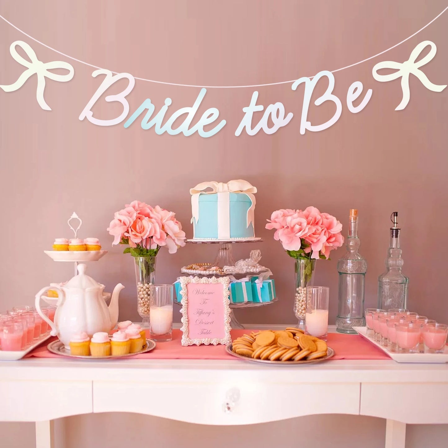 Bride to Be Bow Banner Iridescent Foil Pink Glitter Bachelorette Party Decoration, Tying the Knot Bride Bach Decor, Bridesmaid