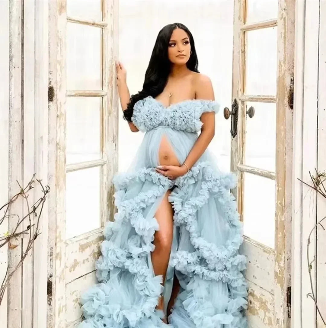 Maternity Dresses Customized Photoshoot Tiered Ruffles Pregnant Women Gowns Baby Shower Off Shoulder Front Slit Bridal Sleepwear