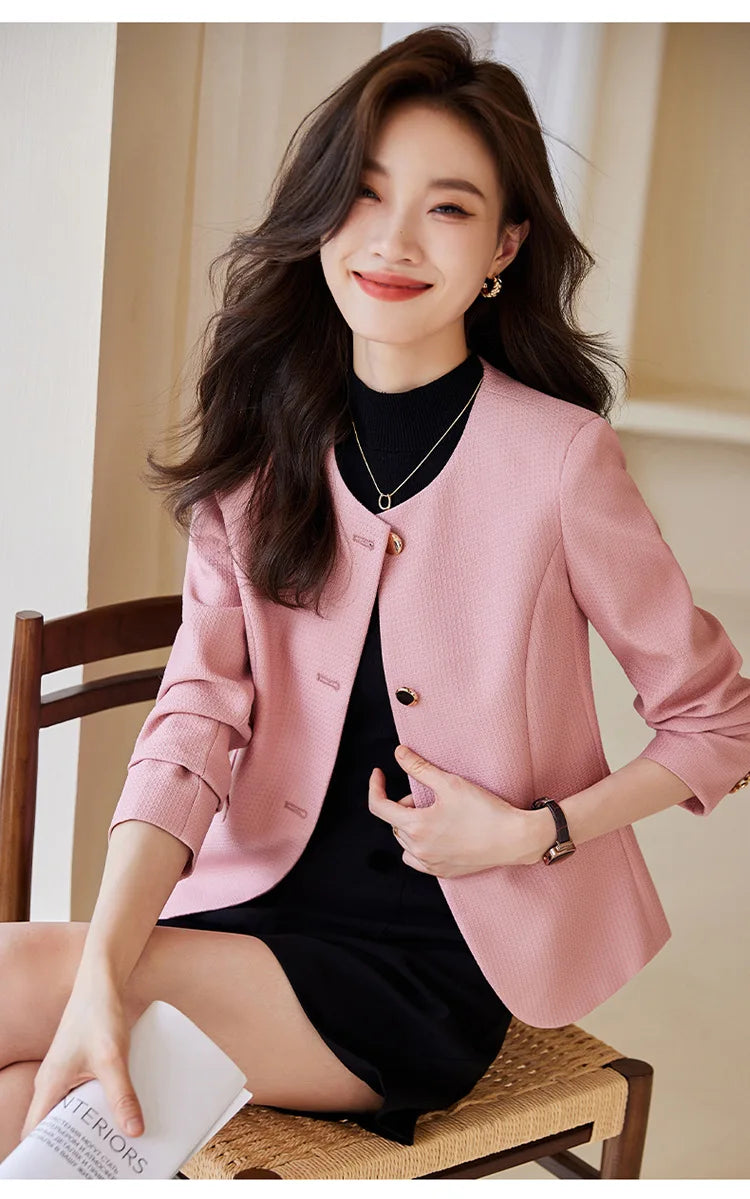 High quality blazer for women short jacket single breasted O neck spring autumn elegant office clothes pink yellow blue white