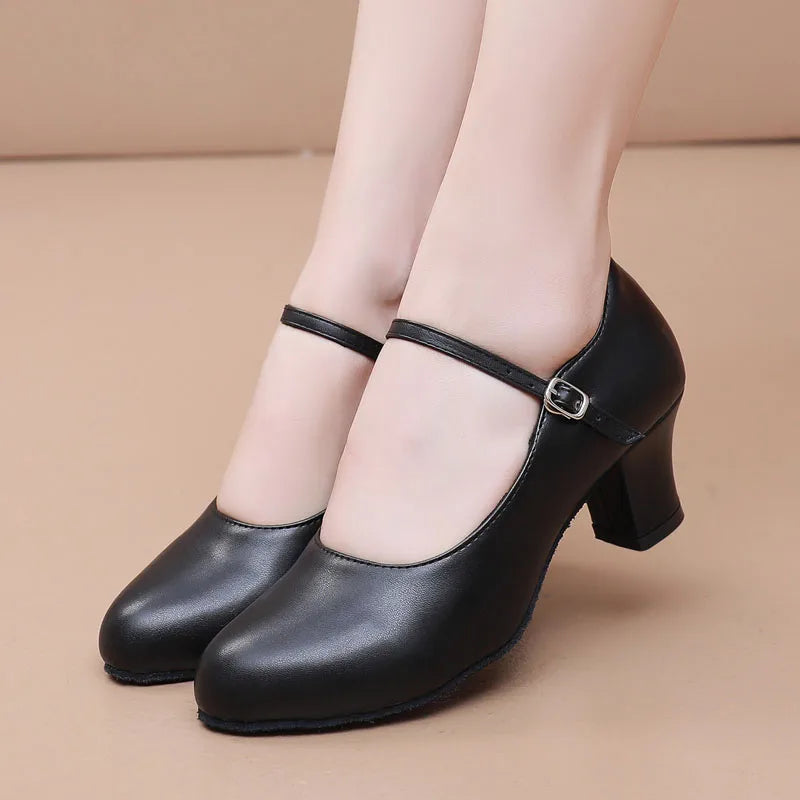 2025 Ladies Latin dance shoes black modern jazz dance shoes ballroom teacher shoes pu dance sneakers high heels 5.5cm