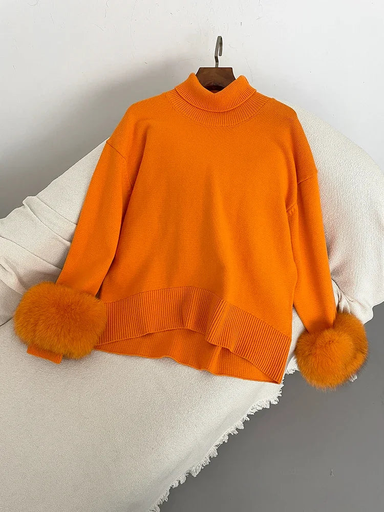 Sweater Women 2024 Autumn Winter Fashionable Sweaters with Real Fox Fur Sleeves Slim Fit Sweaters Fur Knitwear England Style