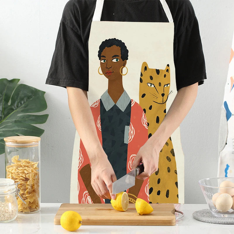 Kitchen Apron Modern Girl Plants Pattern Linen Aprons for Women Men Household Cleaning Apron Cooking Baking Accessories
