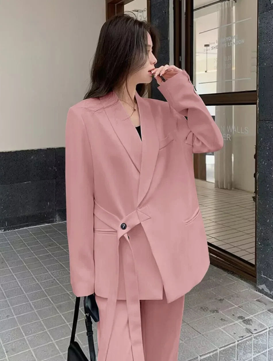 Women's Fashion Office Suit Set Casual Oversized Blazer And Wide Leg Pants Two-Piece Long Sleeve Top Bottoms Combo