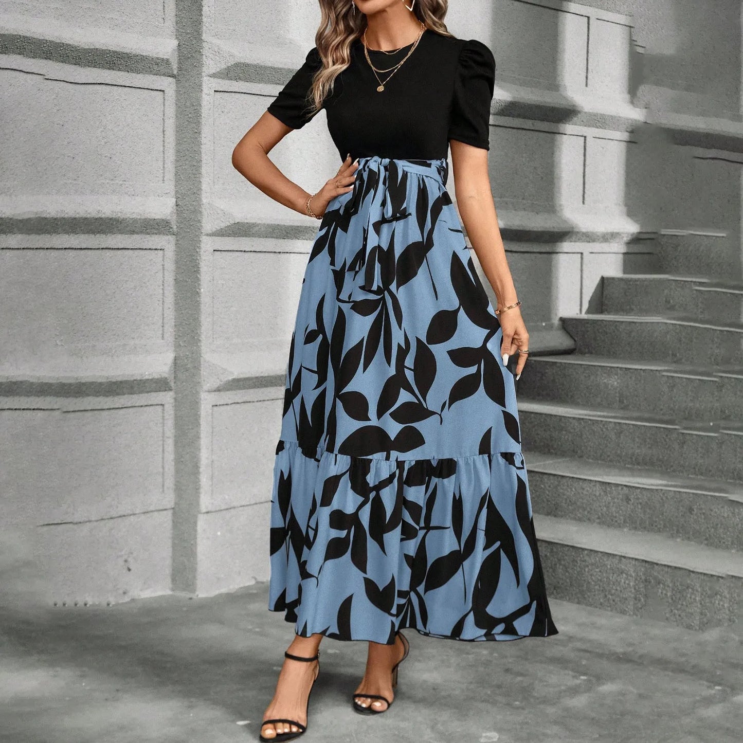 Elegant Women'S Dresses Floral Print High Waist Long Dresses Y2k Short Sleeved Round Neck Office Clothing Vestidos Para Mujer