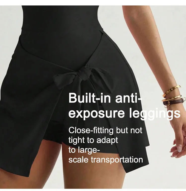 Women Yoga Bodysuit Short Dress Slimming Open Back Two Piece Look Anti See Through Athletic Tennis Skirt for Outdoor Workout
