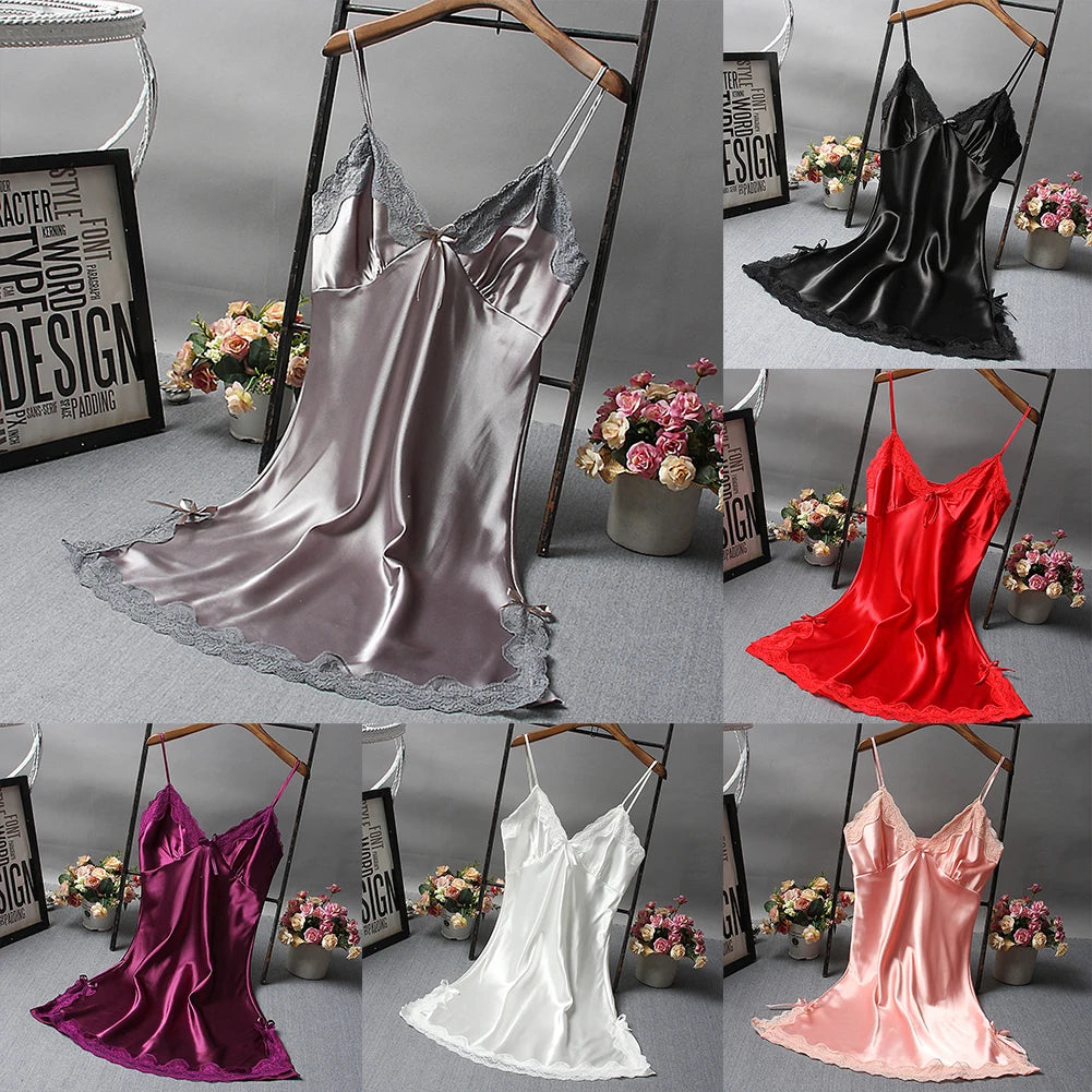 Ladies Sexy Silk Satin Night Dress Nightgown Sleeveless Lace Lingerie Sleepwear Ladies Wrap Dress Robe Sleepwear