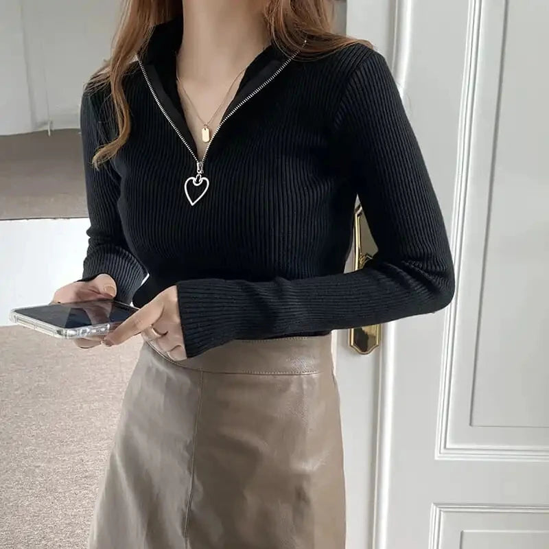 Sweater Women's Autumn and Winter New Semi-turtleneck Love Zipper Core-spun Yarn Bottomed Knitted Sweater Thermal Top