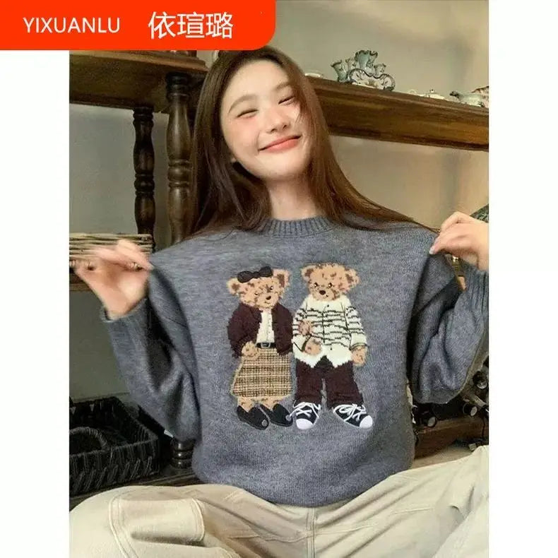 Sweater cartoon small bag core yarn needle retro women's  loose round neck knitted sweater new print black