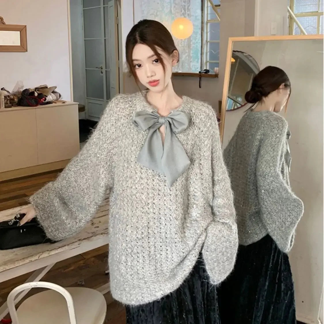 Sweater Women Sweet Bow Round Neck Casual Knitted Sweaters Korean Fashion Gentle Solid Color Casual Long Sleeve Top