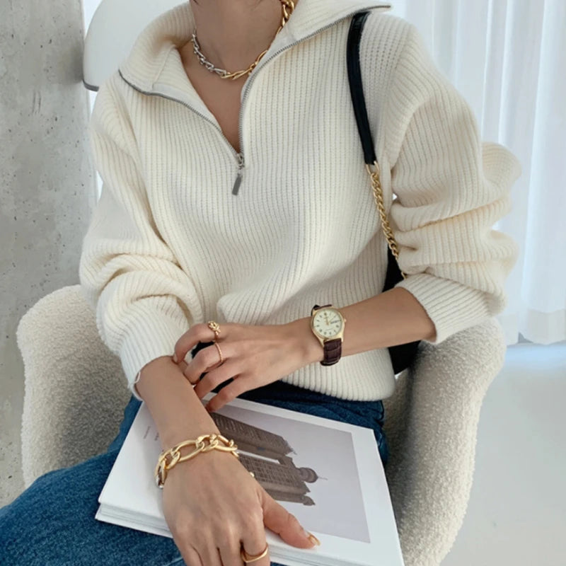 Women's Sweaters 2025 Autumn Winter Long Sleeve Top Loose Knitted Turtleneck Zipper Fashion Pullover Women Oversized Sweater