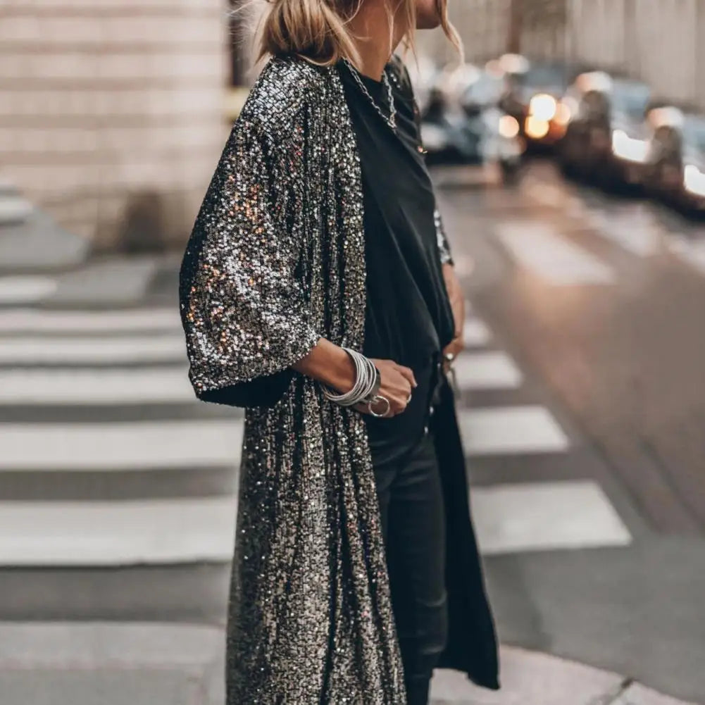 Women Coat Comfy Loose Outerwear Outwear Windproof  Stylish Shining Sequins Cardigan Jacket Top