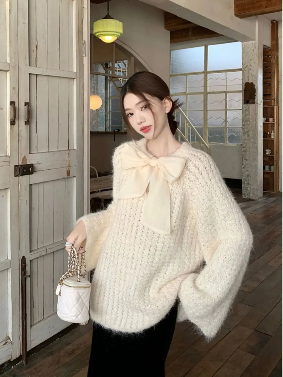 Sweater Women Sweet Bow Round Neck Casual Knitted Sweaters Korean Fashion Gentle Solid Color Casual Long Sleeve Top