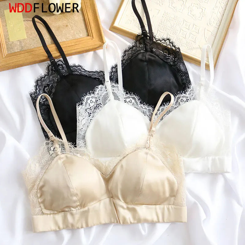 Women Silk Bras 93.8% Mulberry Silk 6.2 Spandex Lace Satin Surface Wire Free Wireless Bra Bralette Everyday Wear TA018