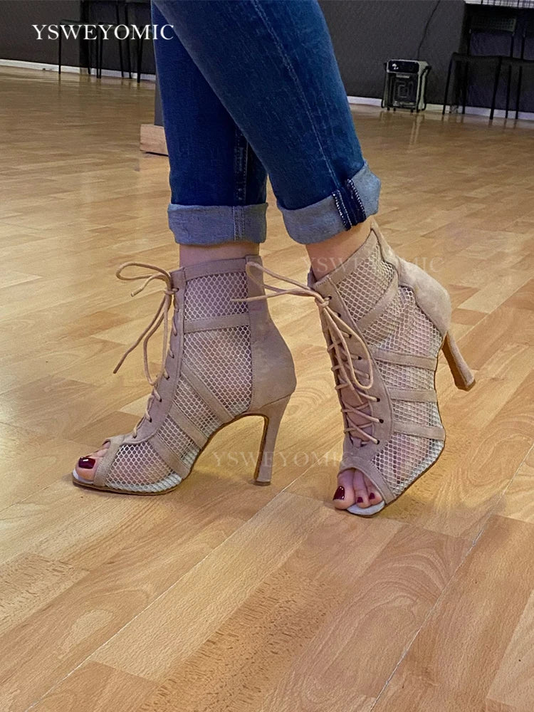 Bachata Dance Booties 2022 Khaki Black Salsa Dance Shoes Latin Dance Shoes Women Social Dancing Indoor Outdoor