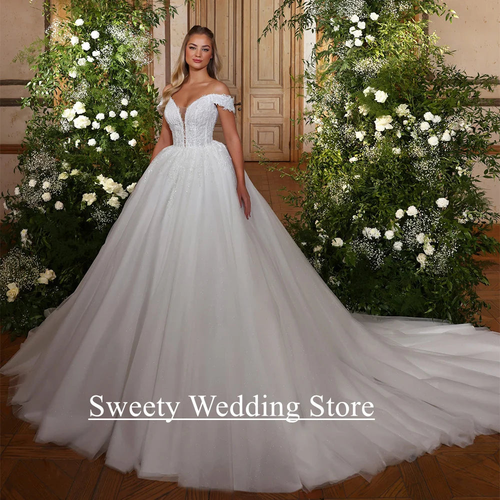 Ball Gown Wedding Dresses for Woman Bride Customized Deep V Neck Off The Shoulder Sequined Applique Court Train Bridal Dresses