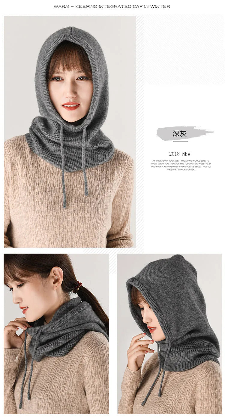 Winter Hats for Women, Wool Blend Hooded Scarf Hat for Girls Balaclava Knit Skull Cap Beanie Hat Neck Gaiters