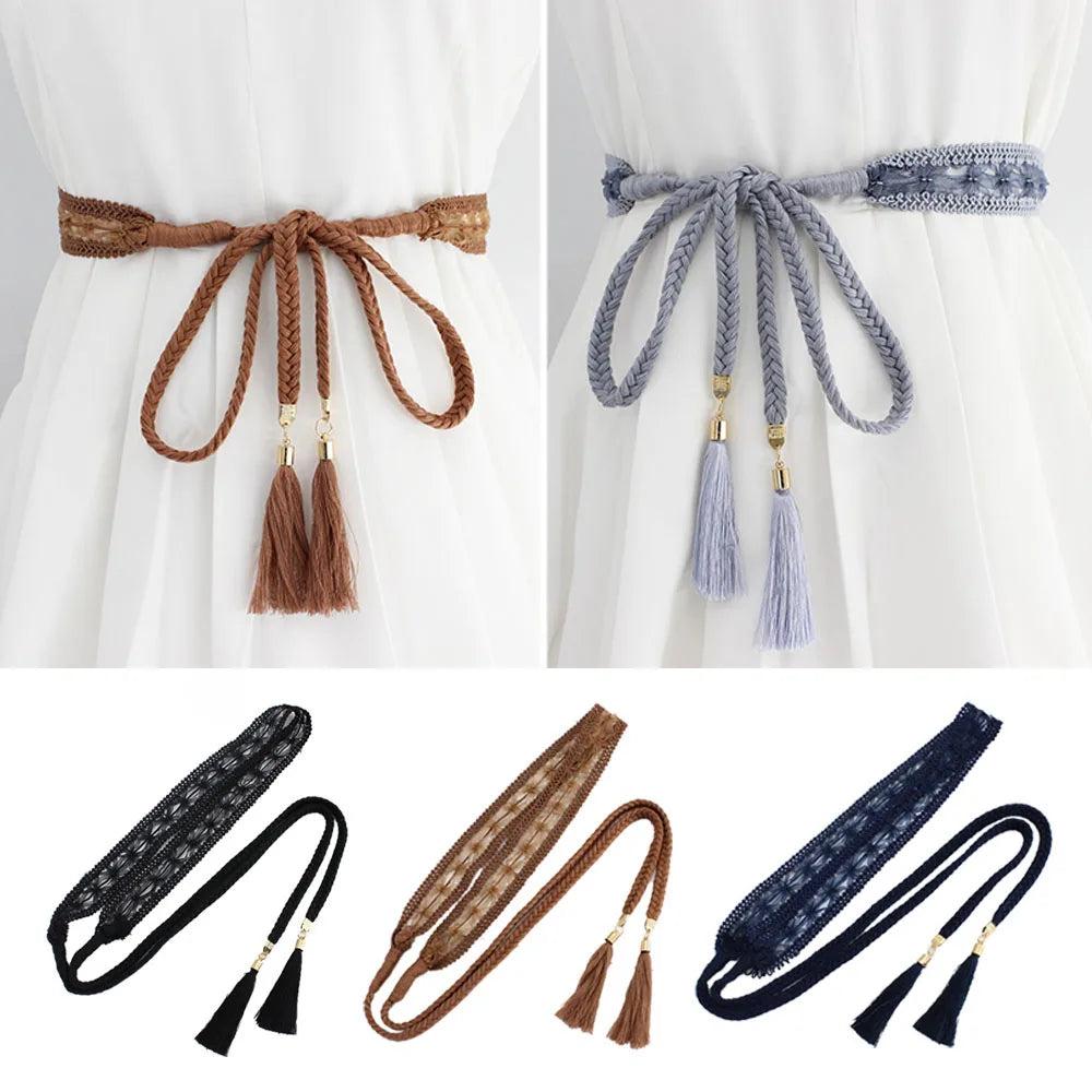 Women Waist Belt Rope Braided Waistband Woven Tassel Thin Belt Female Knot Decorated Waistband Hot Casual Solid Black Belts