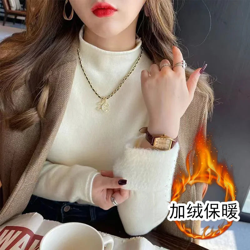 2025 Sweater For Women Casual Thick Warm Knit Plush Velvet Lined Pullover Tops Fall Winter Soft Knitwear Jumper New Slim Poleras