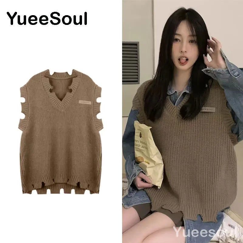 Sweet Kawaii Sweater Vest Printed Sleeveless Casual Outerwear Knitted Waistcoat 2023 Vintage Y2K Spring  E Girl Pullovers Tops