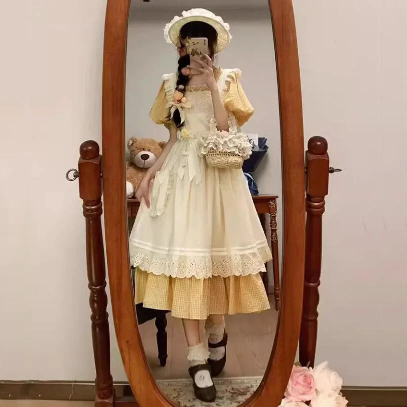 2025Spring NEW Two-piece Dress Suit French Sweet Pastoral Style Slim Square Collar Yellow Plaid Dress Women + Ruffles OuterDress