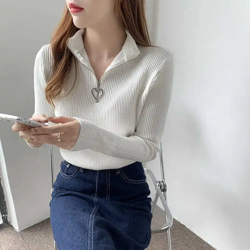 Sweater Women's Autumn and Winter New Semi-turtleneck Love Zipper Core-spun Yarn Bottomed Knitted Sweater Thermal Top