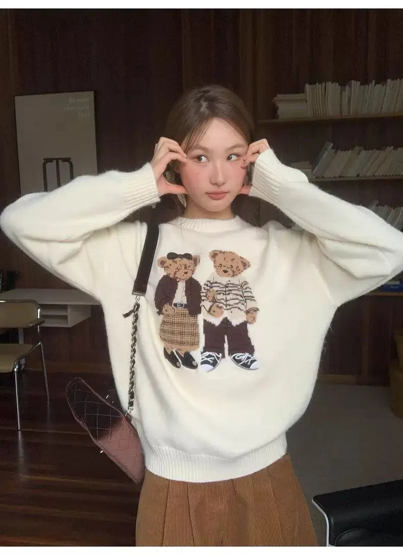 Sweater cartoon small bag core yarn needle retro women's  loose round neck knitted sweater new print black