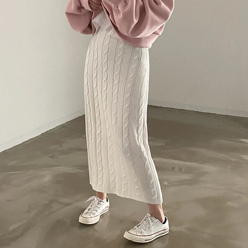 Solid Knitted Skirts For Women 2023 Fashion Autumn Winter Slim Long Skirt Vintage Casual Elastic High Waisted Straight Skirt New