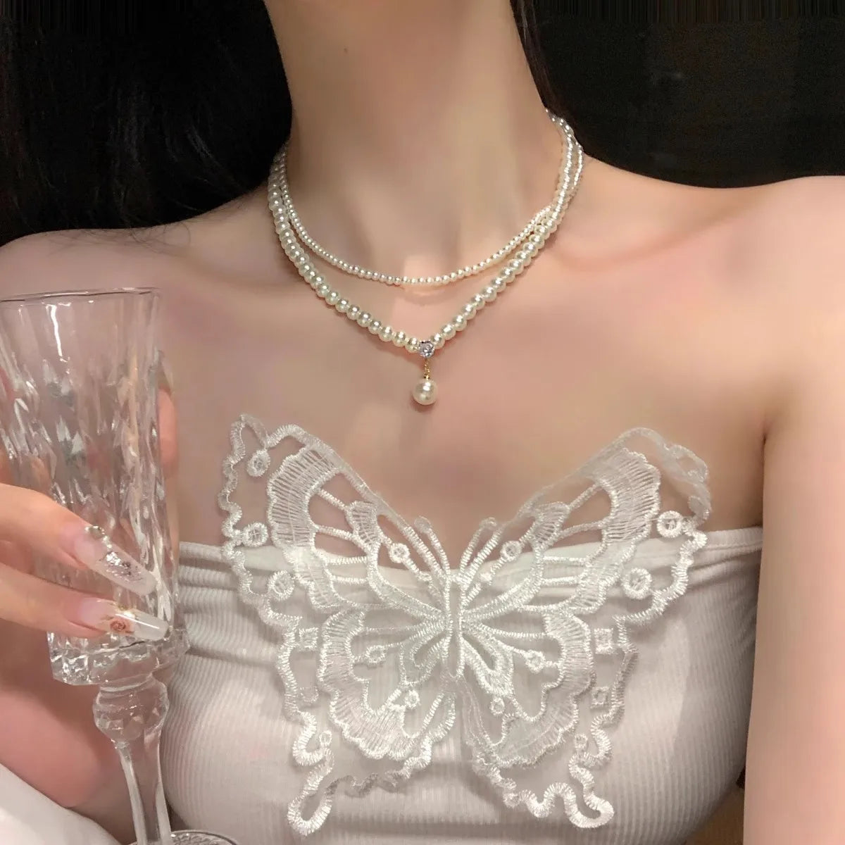 Elegance retro pearl double-layer collarbone chain women's accessory pearl high-end light luxury and niche necklace