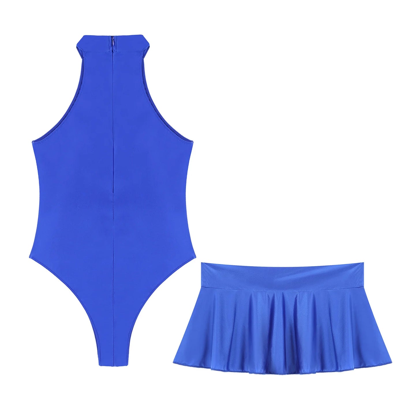 Women Glossy Bodysuit Swimsuit Set Elastic Sleeveless High Cut Leotard with Ruffled Mini Skirt Swimming Bathing Suit Swimwe﻿ar