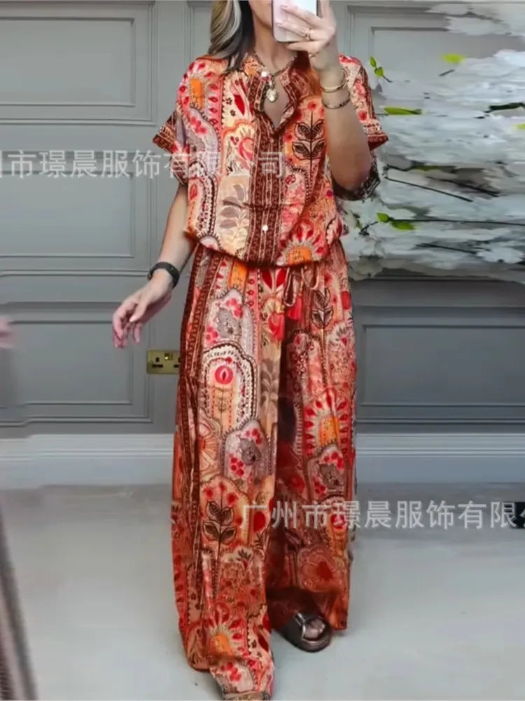 Woman 2 Piece Set Outfit New Summer Fashion Casual Loose Printed Short-sleeved Top + Wide-leg Trousers Two-piece Suit For Women