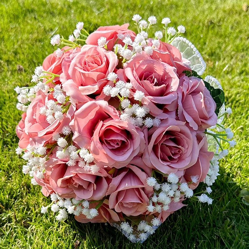 Wedding Bouquets for Bride Babysbreath Rose Bridesmaid Bouquets Silk Ribbon Valentine's Day Decoration Pearl Lace Mesh Ball Gift