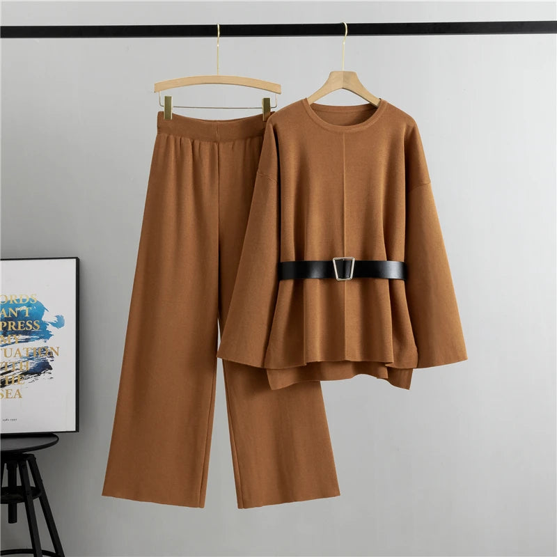 Women's suit Knitted 2 pieces Set Tracksuits Women Thick Casual Loose Sweater+Ankle-Length Pants Warm Suits Fashion Autumn 2025