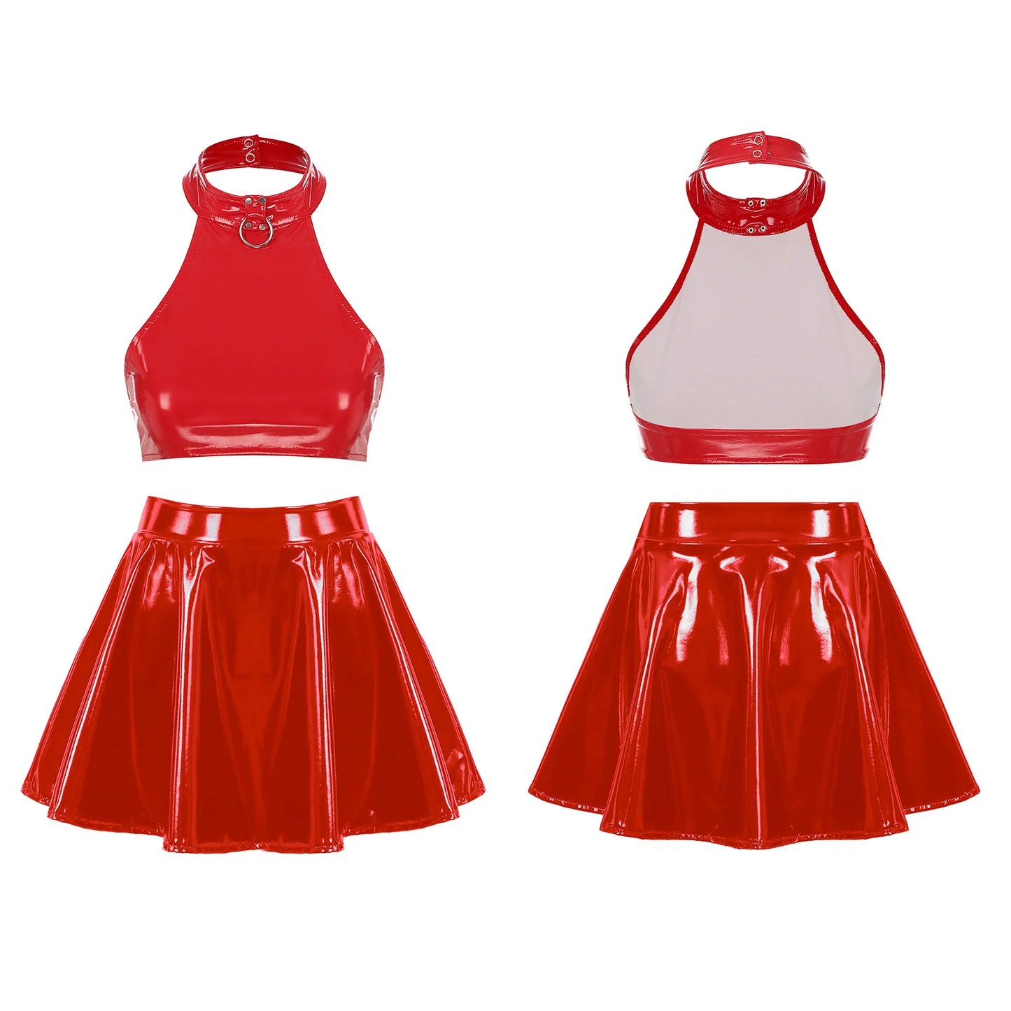 Womens Two Pieces Rave Party Outfits O Ring Halter Vest Tops Backless Patent Leather Crop Top with Invisible Zipper Flared Skirt