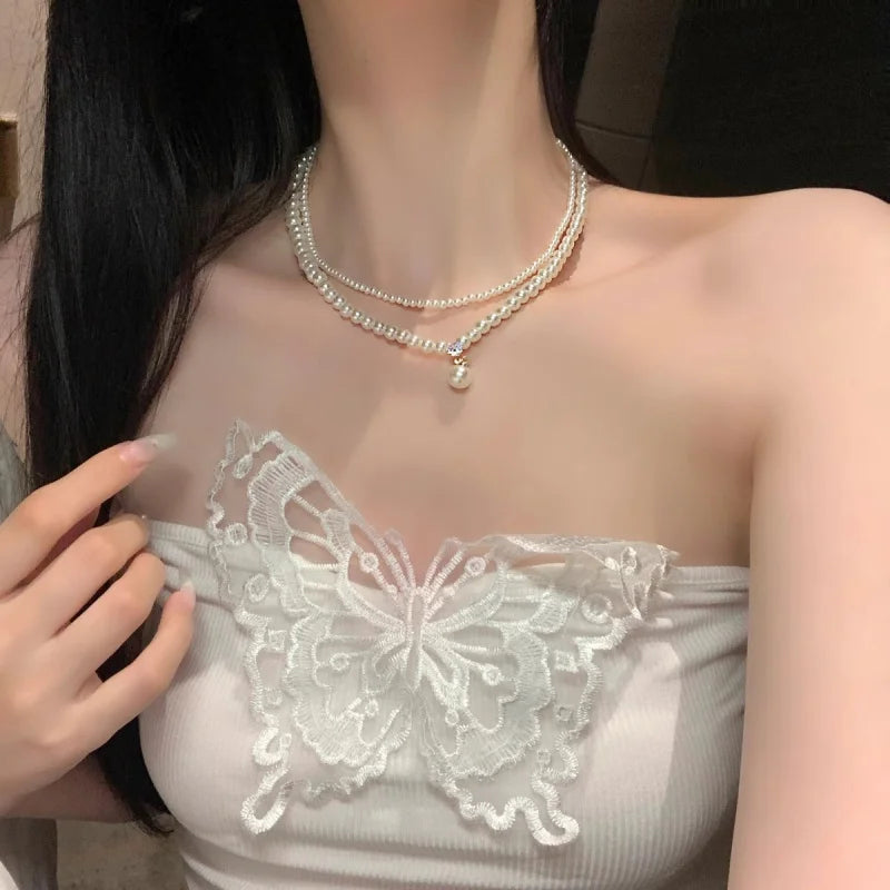 Elegance retro pearl double-layer collarbone chain women's accessory pearl high-end light luxury and niche necklace