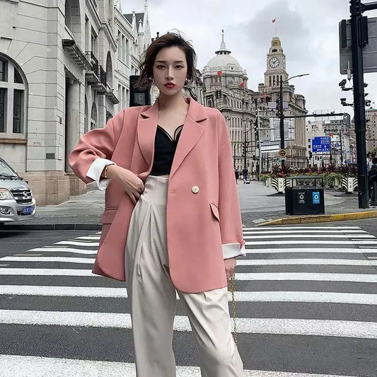 Long Blazers Woman Spring Casual Office Lady Lapel Double-breasted Slim-fit Elegant Solid Color Fashion Outerwear Minimalist