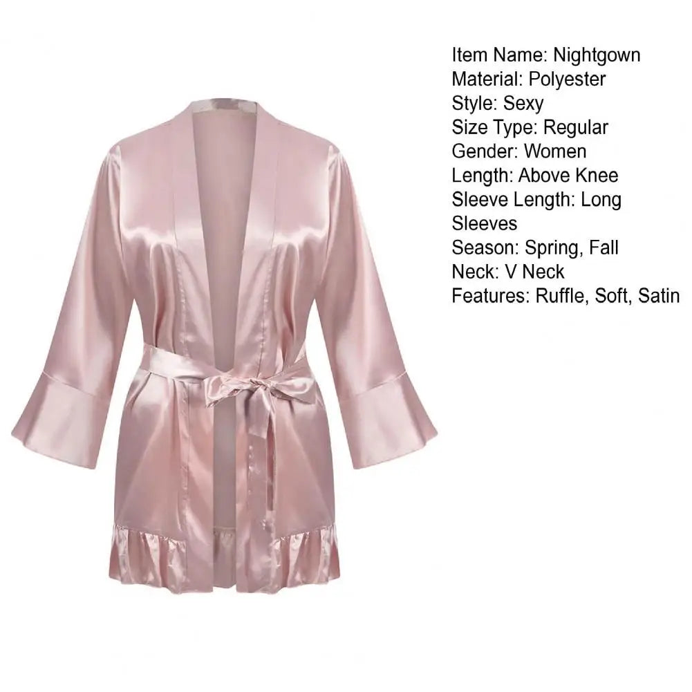 Women Sleeping Robes Silky Sleepwear Ruffle Lace Up Lady Sleeping Gown Smooth Surface Women Nightdress Sleeping Clothes